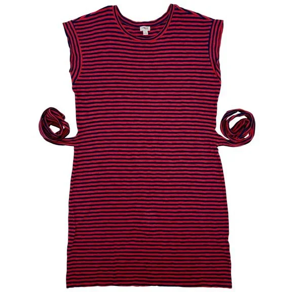 J. Crew Striped Casual Blue Red Cotton Tie Waist Nautical Preppy Shirt Dress LG - Picture 2 of 15